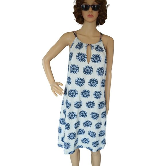Trina Turk Women's White Blue Floral Halter Neck Sleeveless Shift Dress Size 10 - Picture 2 of 10